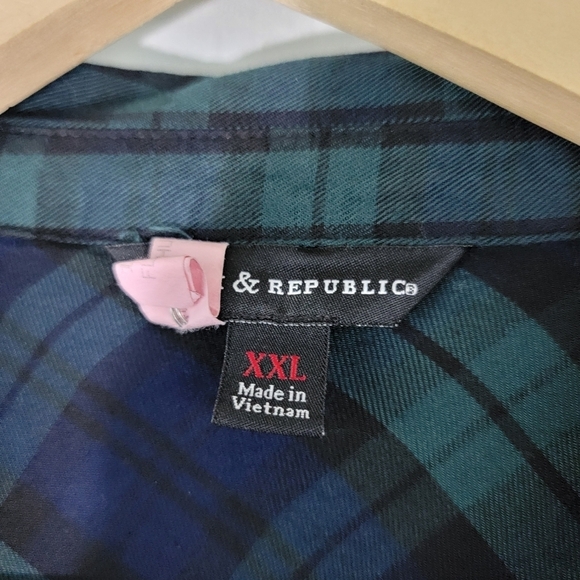 Rock & Republic Green Plaid Button Up Shirt XXL Long Sleeve Sparkle Star Print - Picture 10 of 11